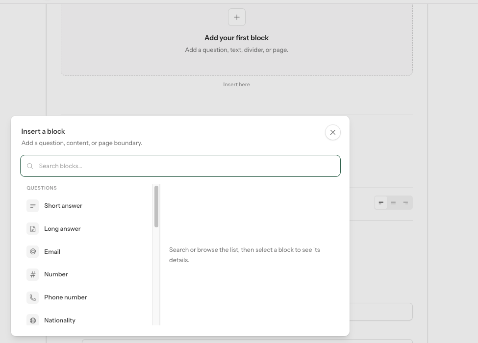 MyKayd Insert a block panel with Short answer selected and other question types including email and phone number